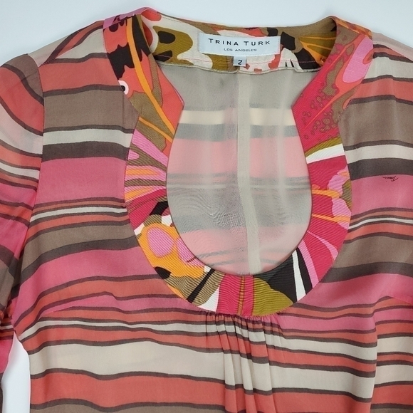 Trina Turk Sheer Pink Bell Sleeve Striped Boho Dress 2 - Picture 6 of 16